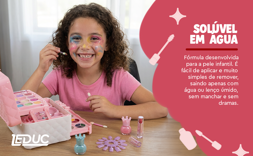 Maleta de maquiagem infantil Leduc — fórmula solúvel em água, fácil de aplicar e simples de remover