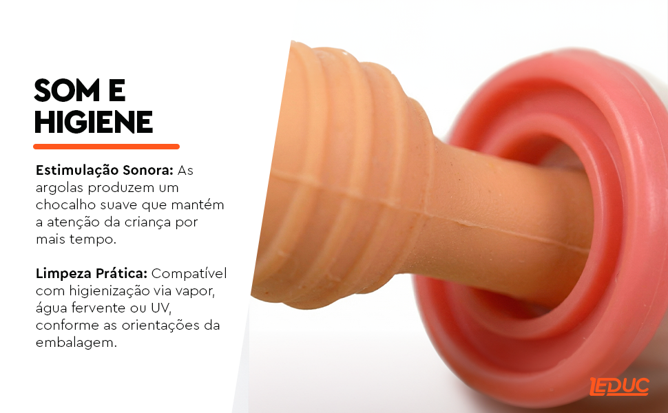 Mordedor Sensorial Ball Leduc — estimulação sonora suave e higienização conforme orientações da embalagem