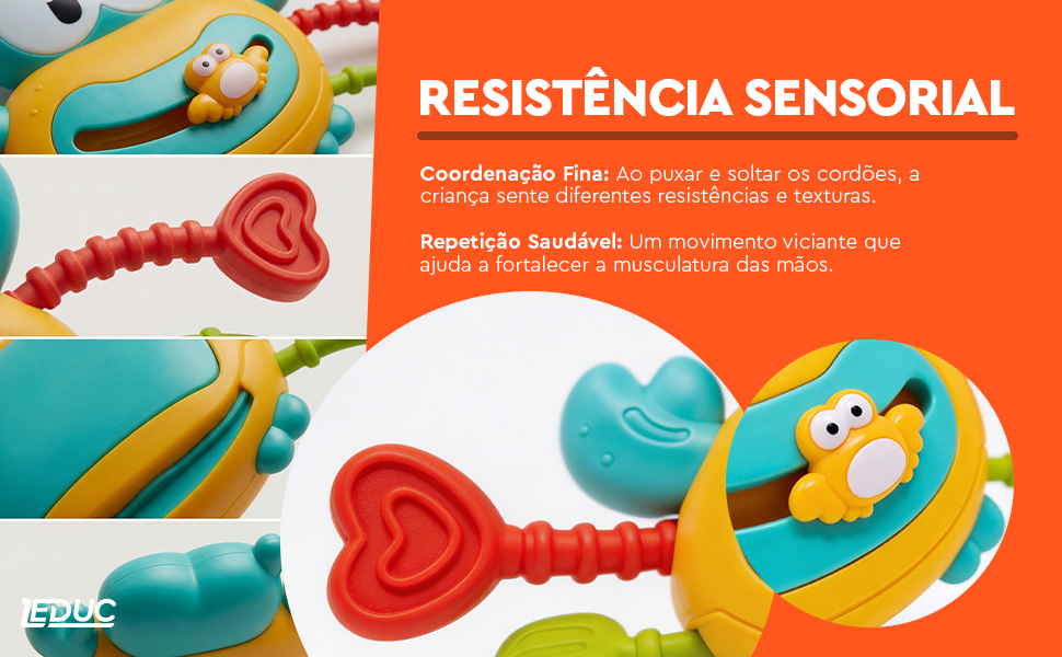 Mordedor Sensorial Caranguejo Leduc — resistência sensorial e coordenação fina ao puxar e soltar os cordões