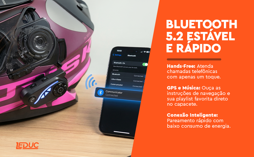 Intercomunicador Leduc V8 Pro conectado via Bluetooth 5.2 ao smartphone com hands-free, GPS e música