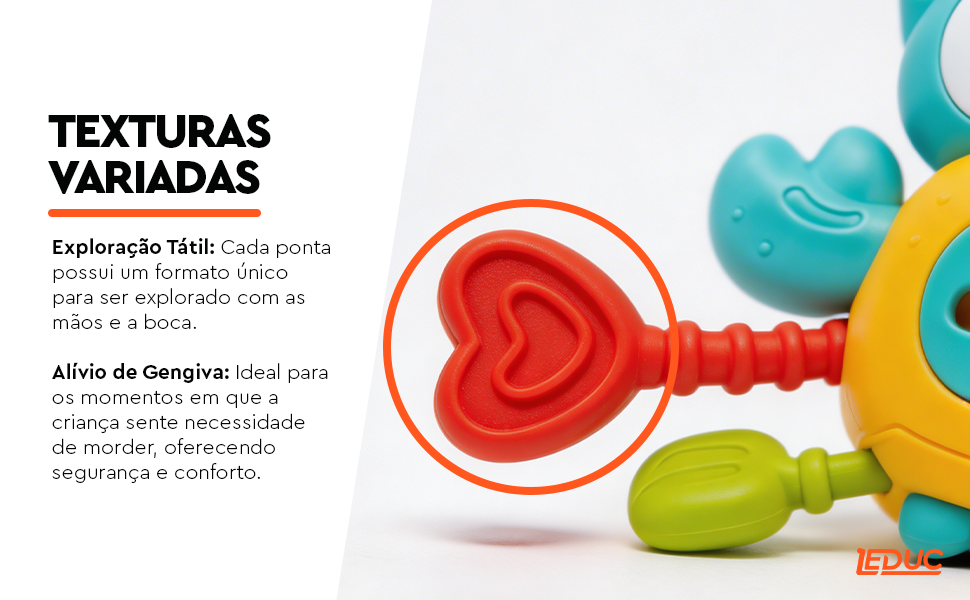Mordedor Sensorial Caranguejo Leduc — texturas variadas para exploração tátil e alívio de gengiva