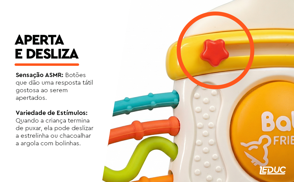 Mordedor Sensorial Mamadeira Pop It Leduc — botão estrela para apertar e deslizar com sensação tátil