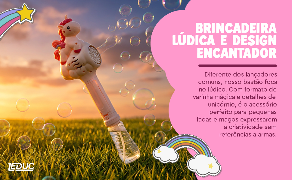 Bastão de Bolhas Unicórnio Leduc com design lúdico em formato de varinha mágica ao pôr do sol