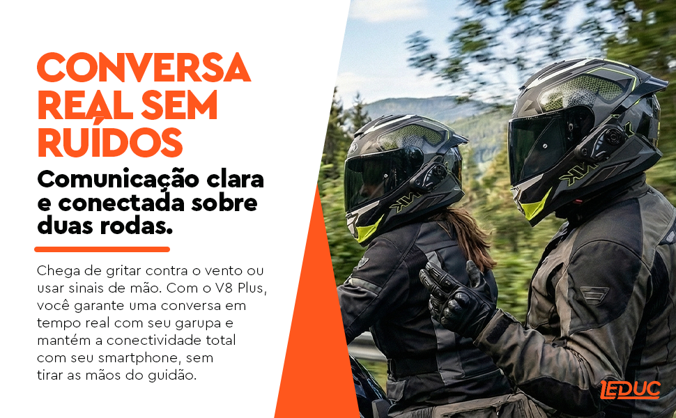 Casal de motociclistas conversando em tempo real com intercomunicador Bluetooth Leduc V8 Pro