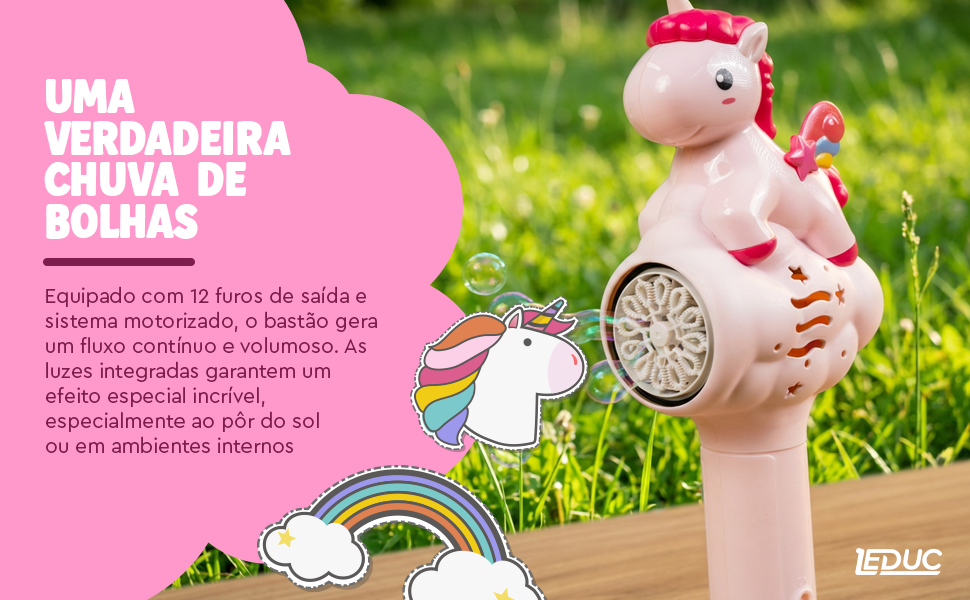 Detalhe dos 12 furos de saída do Bastão de Bolhas Unicórnio Leduc gerando fluxo contínuo e volumoso de bolhas