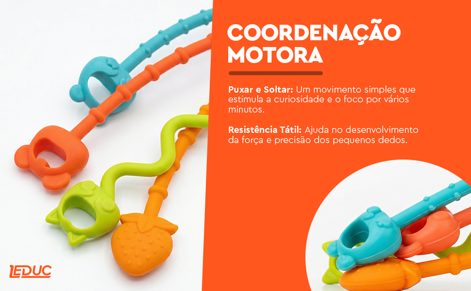 Mordedor Sensorial Mamadeira Pop It Leduc — cordões coloridos que estimulam a coordenação motora