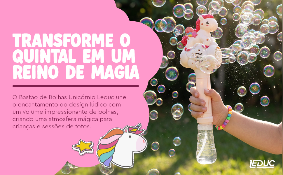 Bastão de Bolhas Unicórnio Leduc criando uma chuva de bolhas no quintal — transforme o quintal em um reino de magia