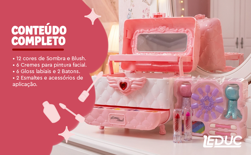 Maleta de maquiagem infantil Leduc — conteúdo completo com sombras, blush, cremes, gloss, batons, esmaltes e acessórios