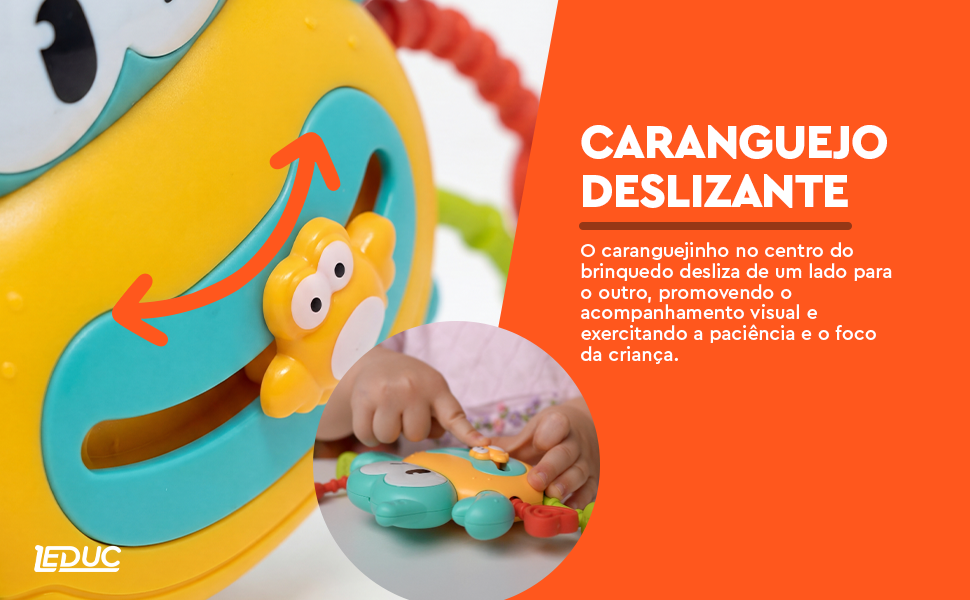 Mordedor Sensorial Caranguejo Leduc — caranguejinho central que desliza para acompanhamento visual da criança