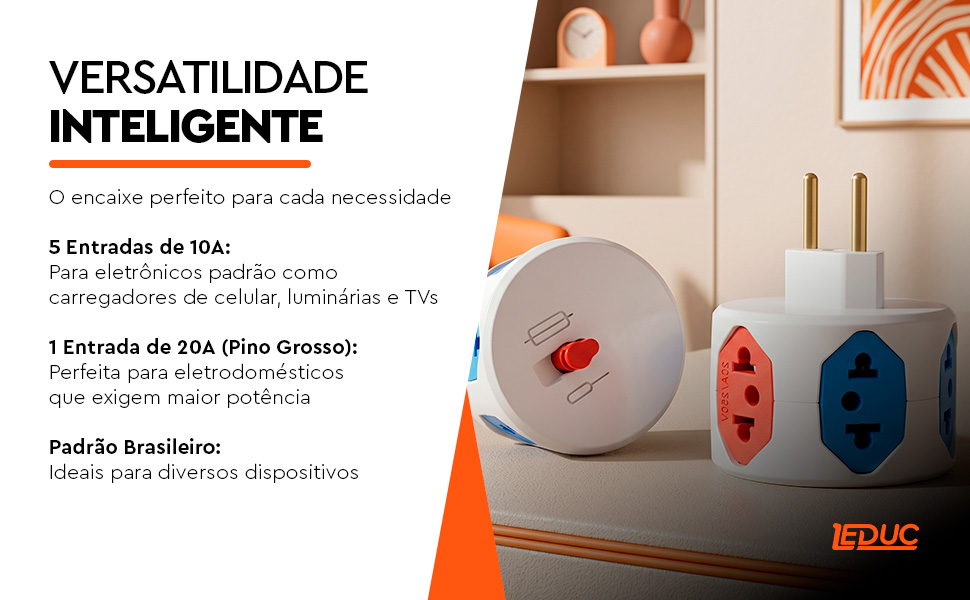 Multiadaptador Redondo Leduc — versatilidade inteligente com 5 entradas 10A e 1 entrada 20A padrão brasileiro