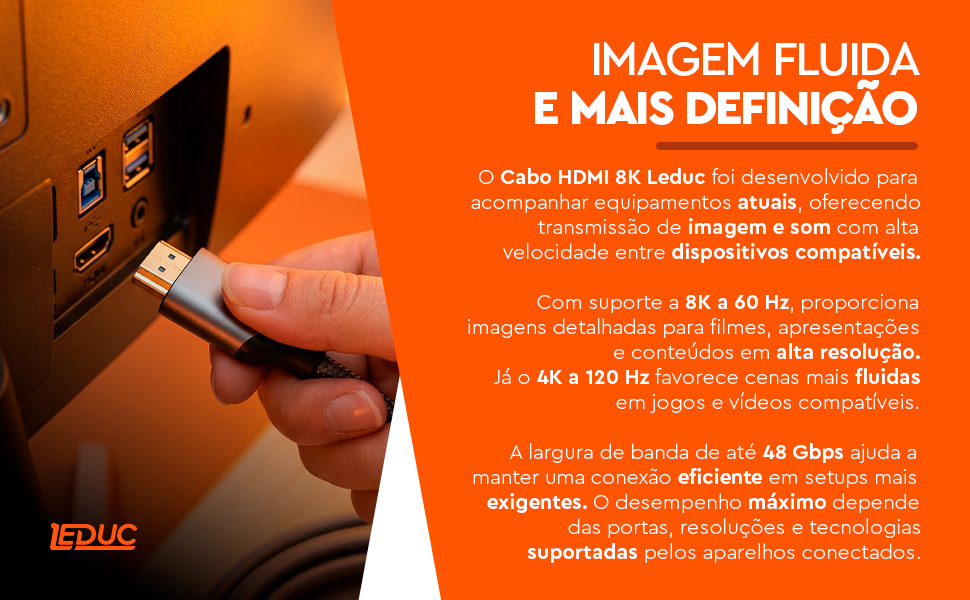 Cabo HDMI 8K Leduc oferecendo imagem fluida e mais definição em dispositivos compatíveis