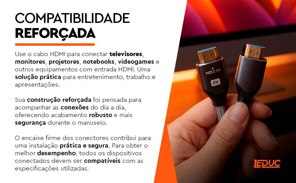 Cabo HDMI 8K Leduc compatível com TVs, monitores, projetores, notebooks e videogames