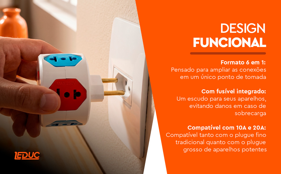 Multiadaptador Redondo Leduc — design funcional 6 em 1 com fusível integrado e compatibilidade 10A e 20A