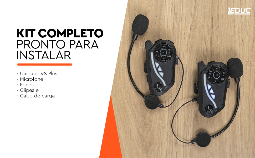 Kit completo do intercomunicador Leduc V8 Pro com duas unidades, microfones, fones, clipes e cabo de carga