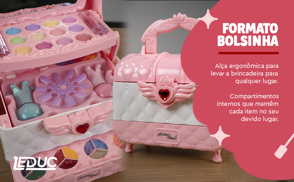 Maleta de maquiagem infantil Leduc — formato bolsinha com alça ergonômica e compartimentos internos organizados